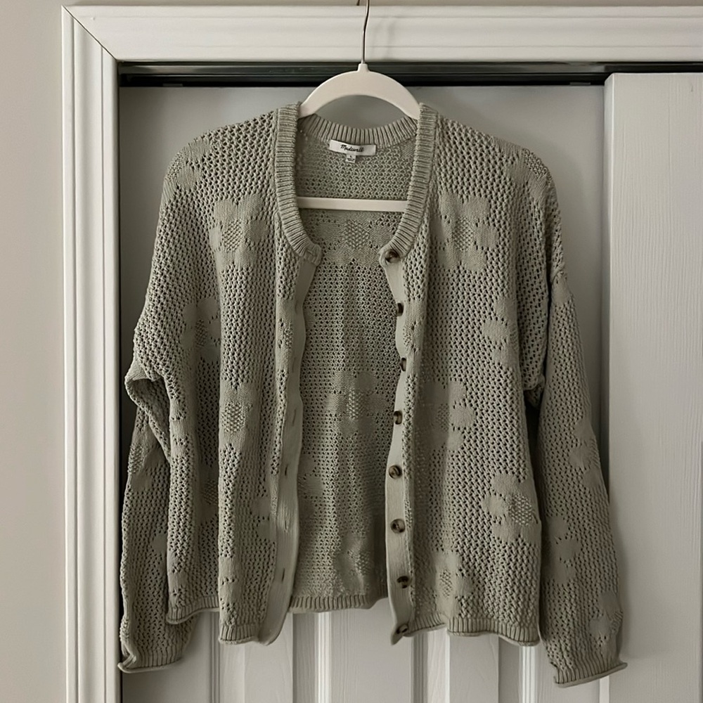 Madewell Light Sage Green Open-Knit Cardigan Sweater